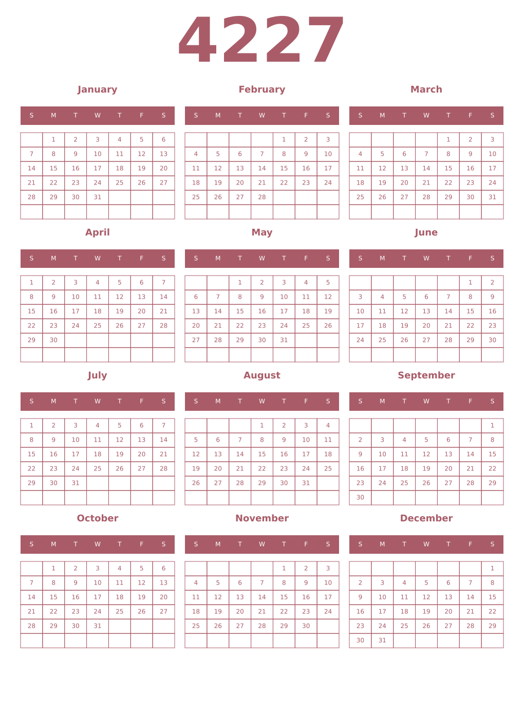Printable 4227 Year Calendars puce
