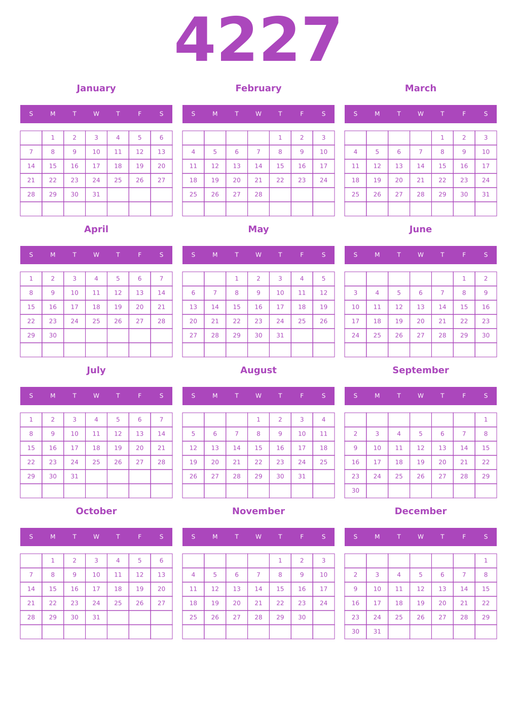 Printable 4227 Year Calendars purple