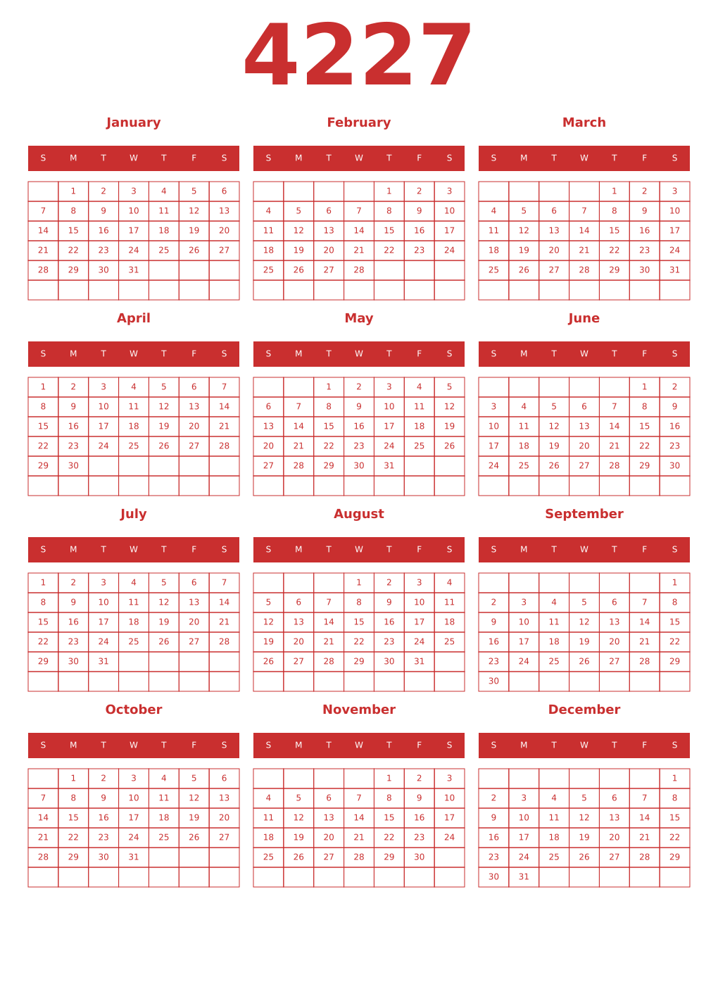 Printable 4227 Year Calendars red