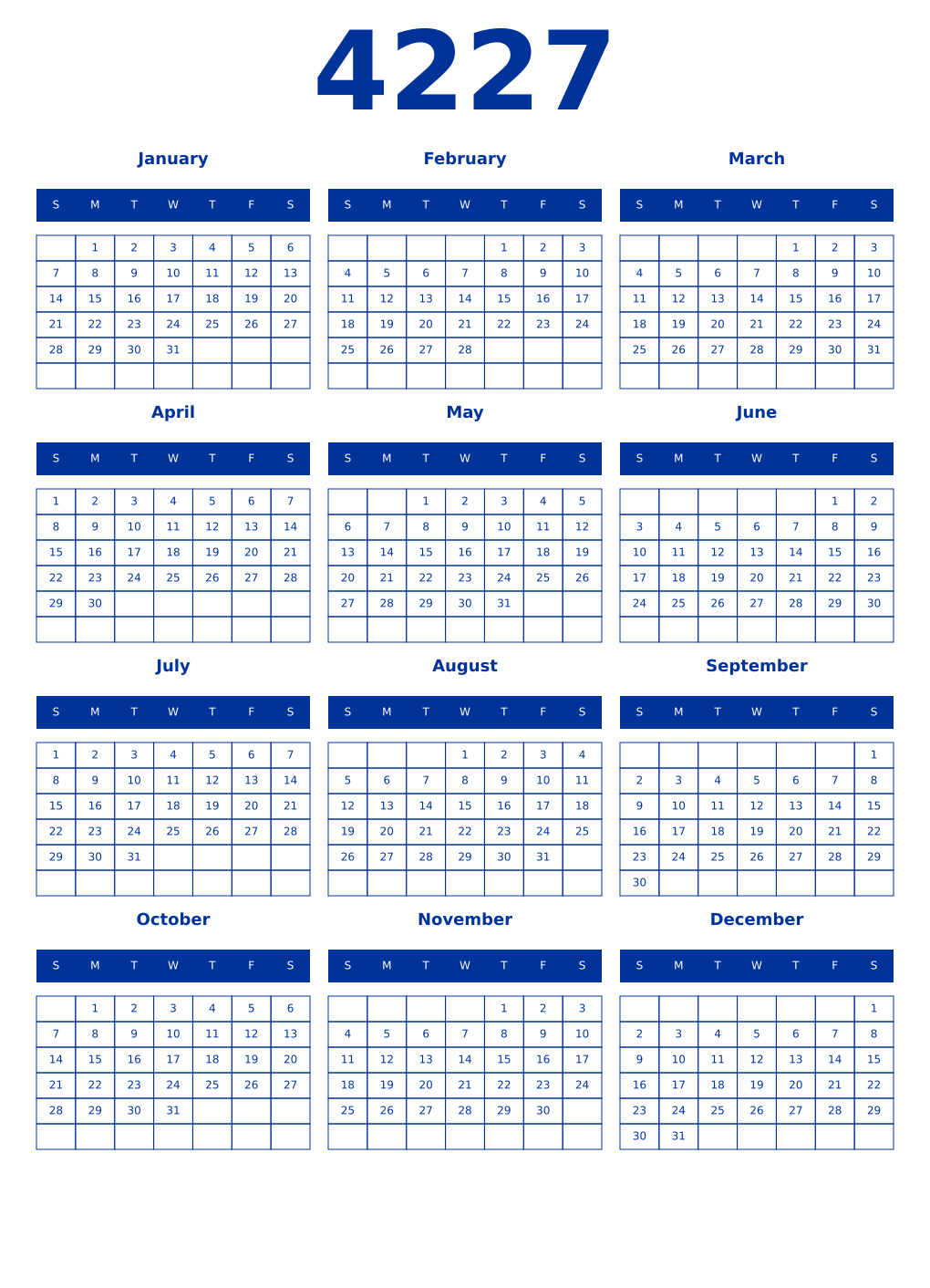 Printable 4227 Year Calendars smalt