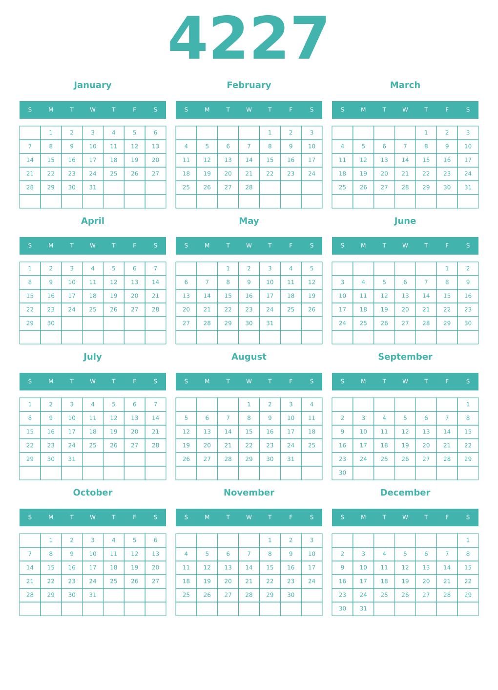Printable 4227 Year Calendars verdigris