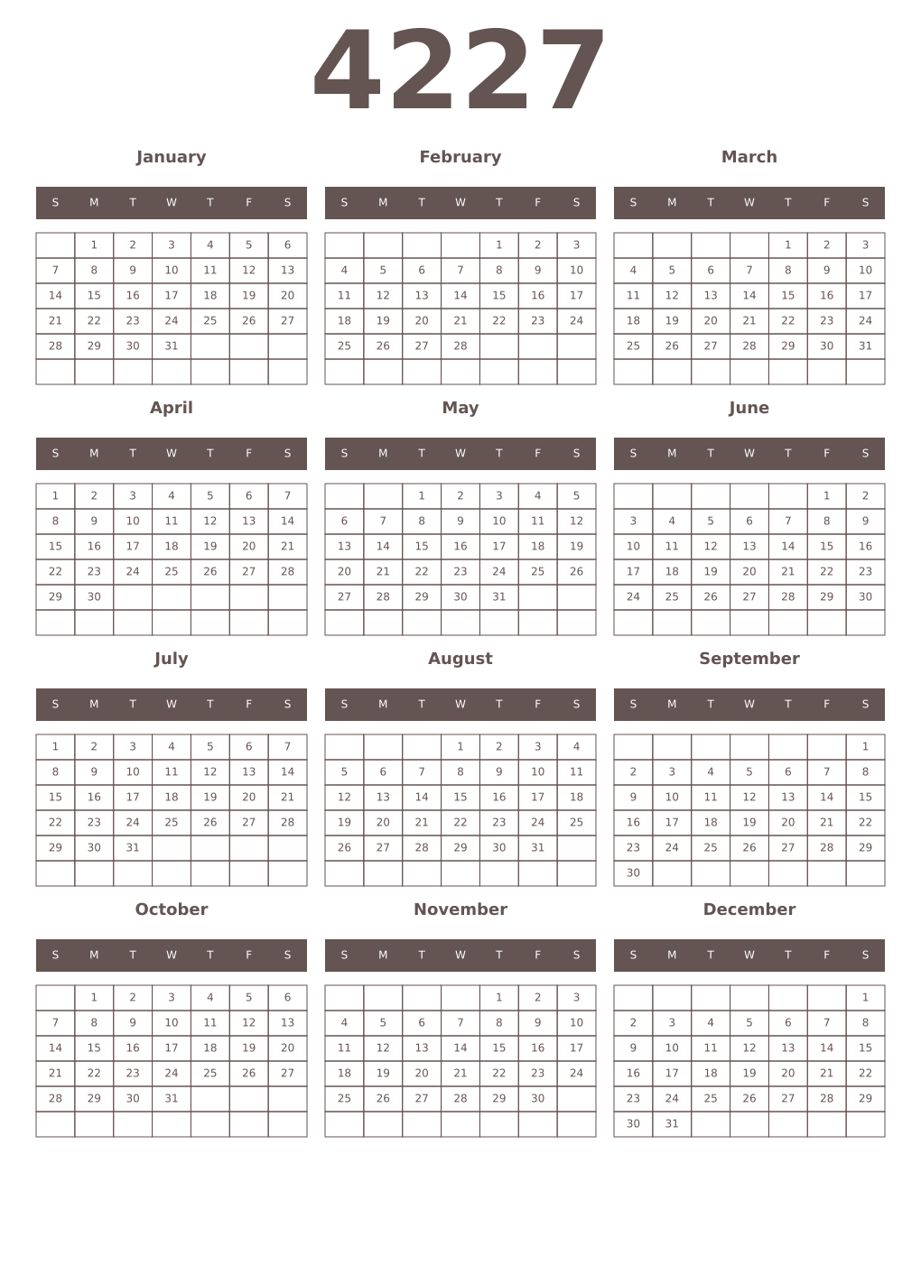 Printable 4227 Year Calendars wenge