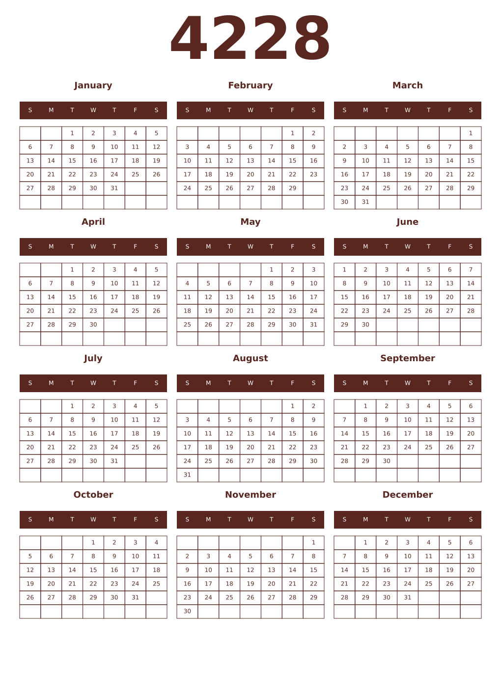 Printable 4228 Year Calendars mortuum