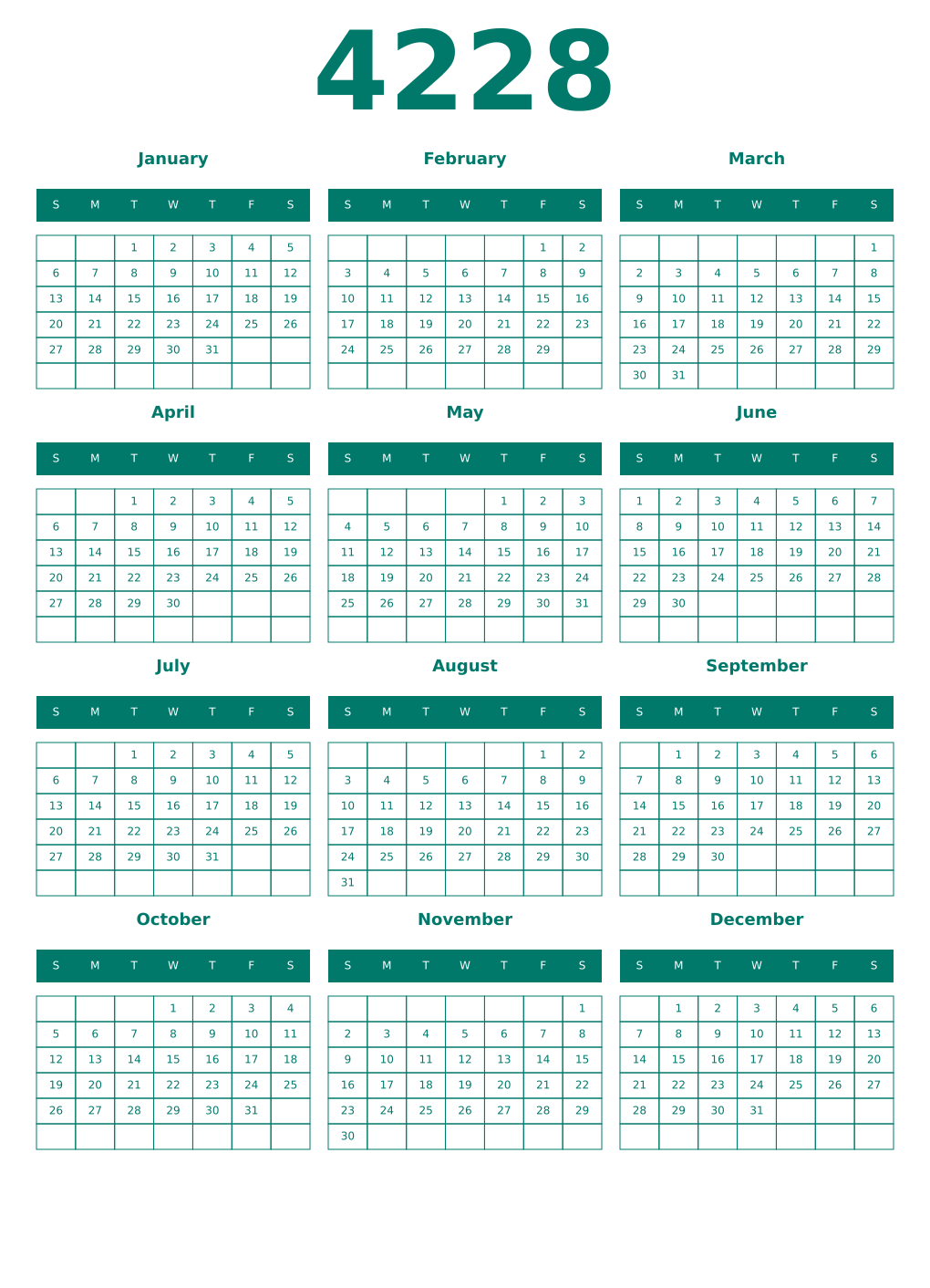 Printable 4228 Year Calendars pastel