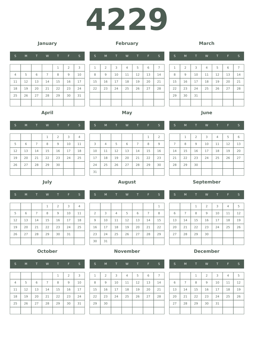 Printable 4229 Year Calendars feldgrau