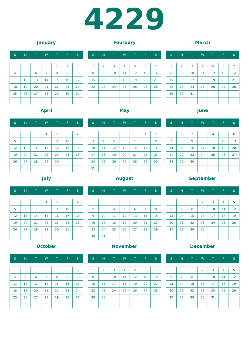 Printable 4229 Year Calendars pastel