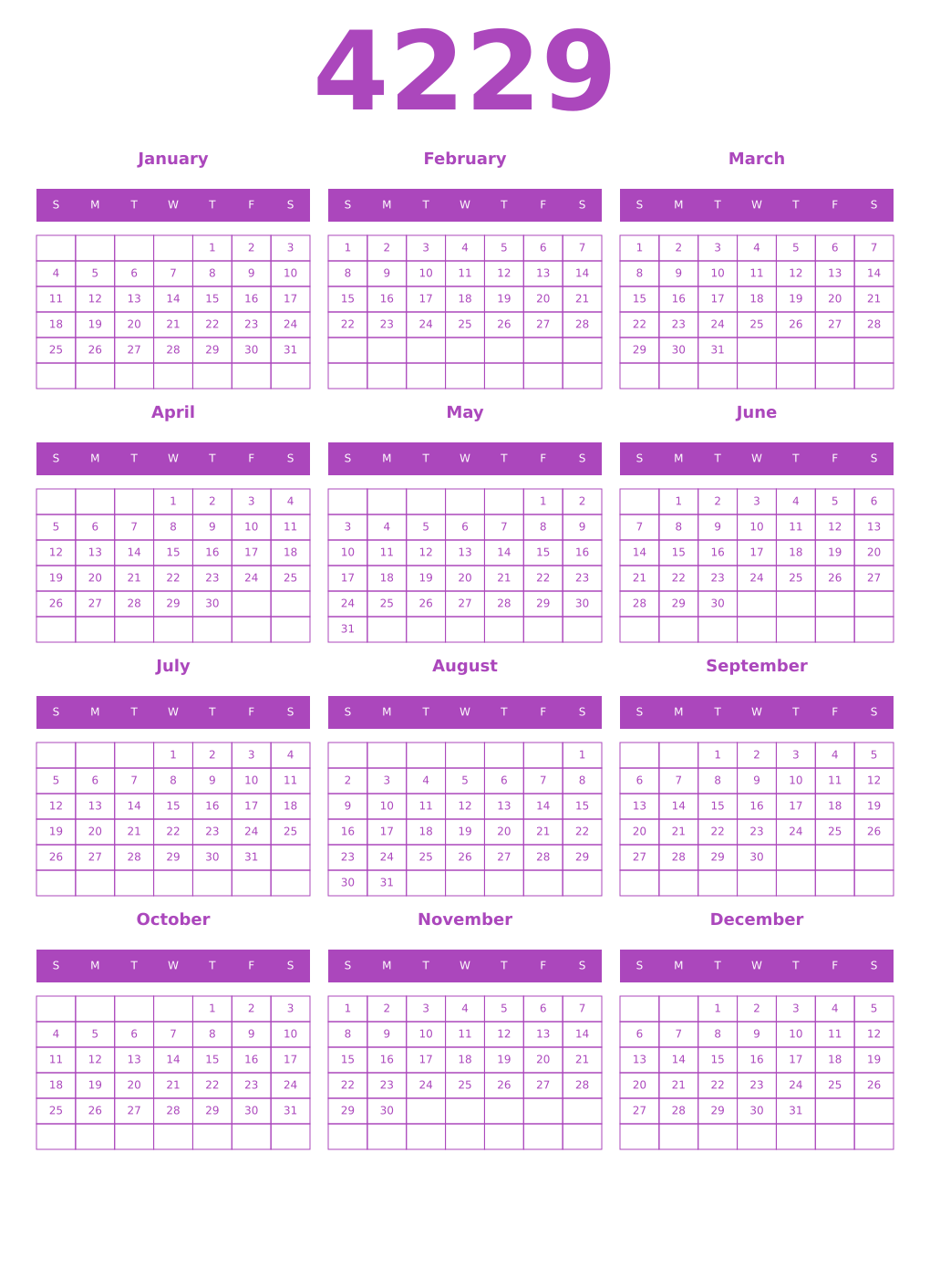 Printable 4229 Year Calendars purple