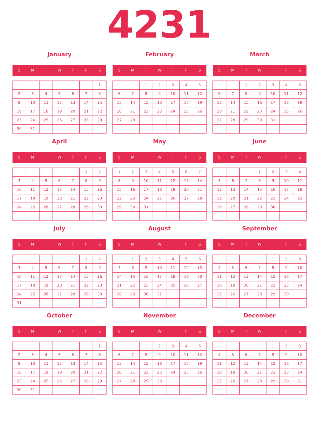 Printable 4231 Year Calendars amaranth