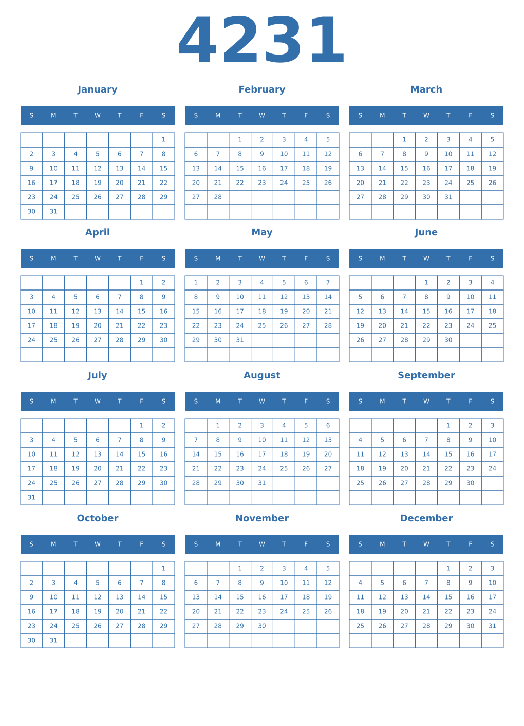 Printable 4231 Year Calendars blue