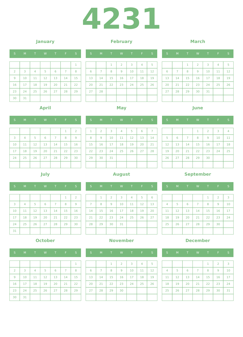 Printable 4231 Year Calendars celadon