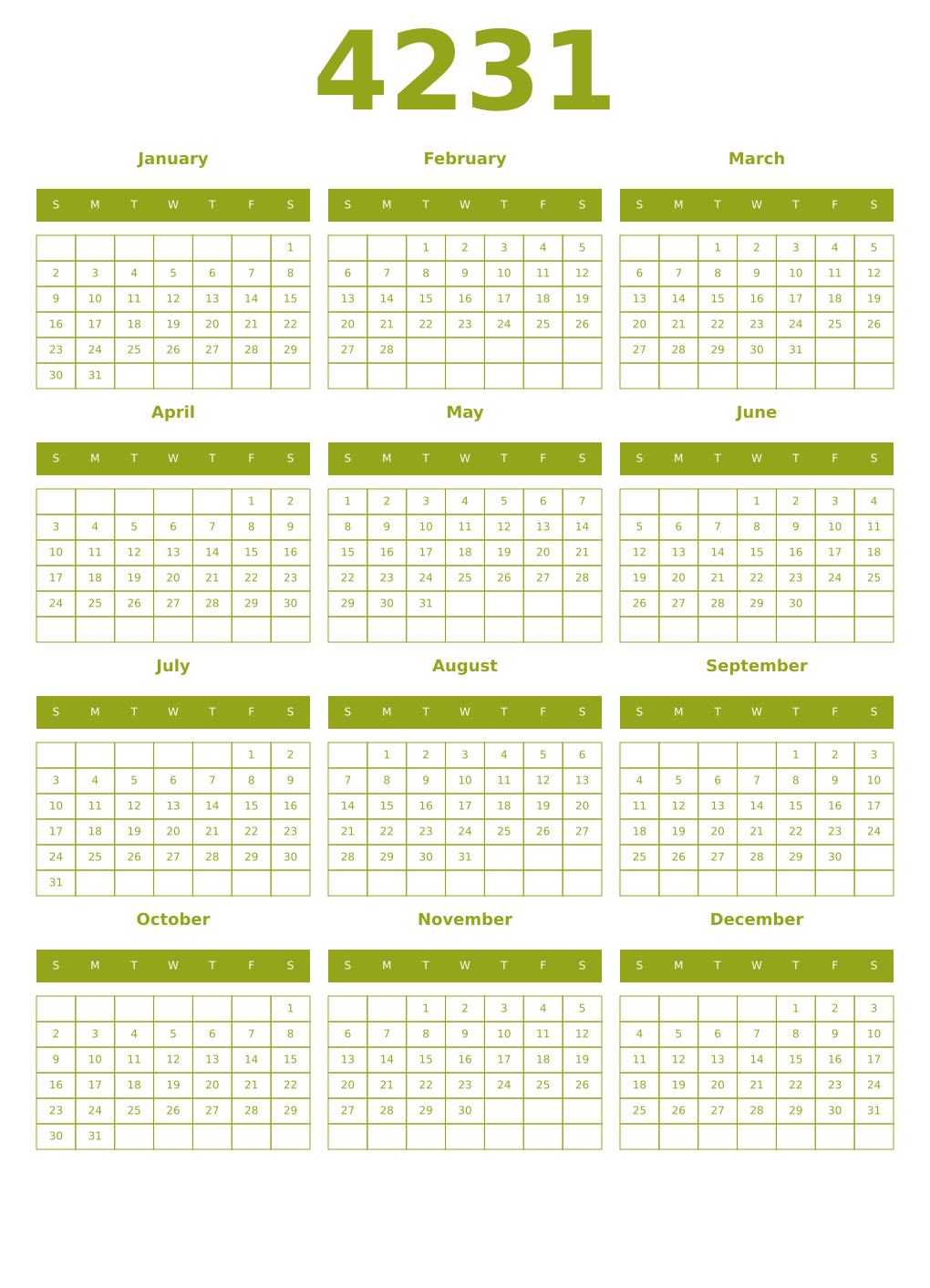 Printable 4231 Year Calendars chartreuse