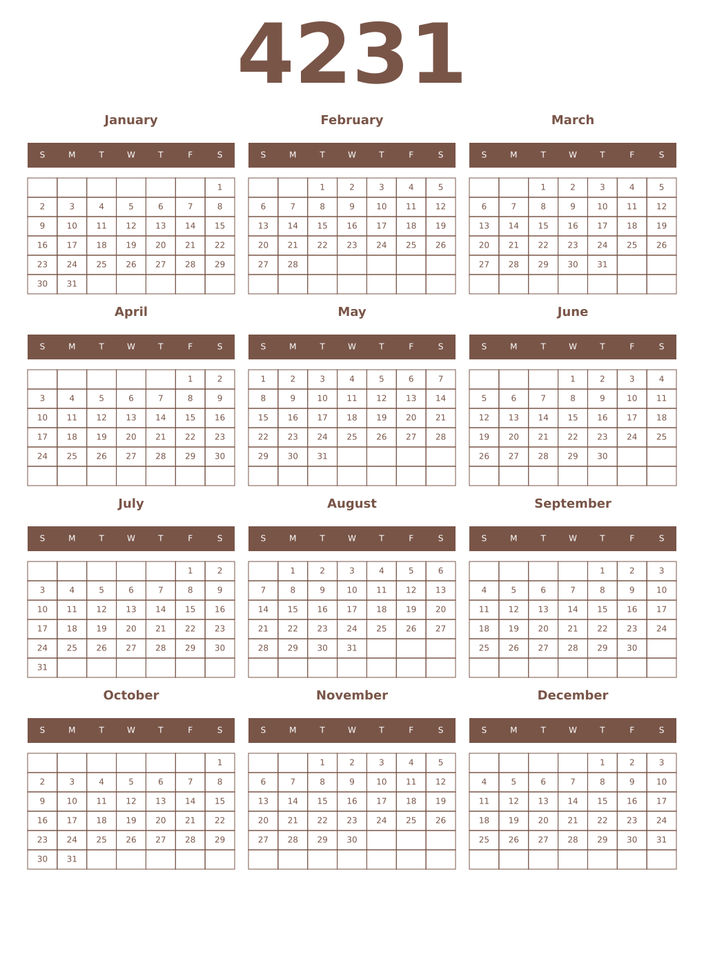 Printable 4231 Year Calendars coffe
