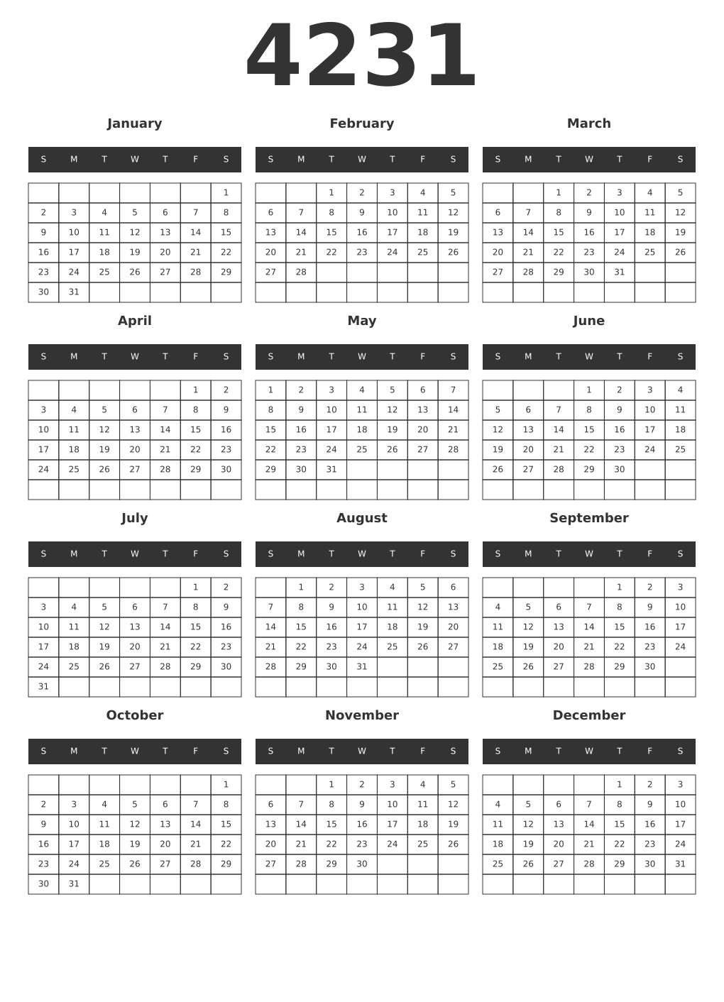Printable 4231 Year Calendars dark