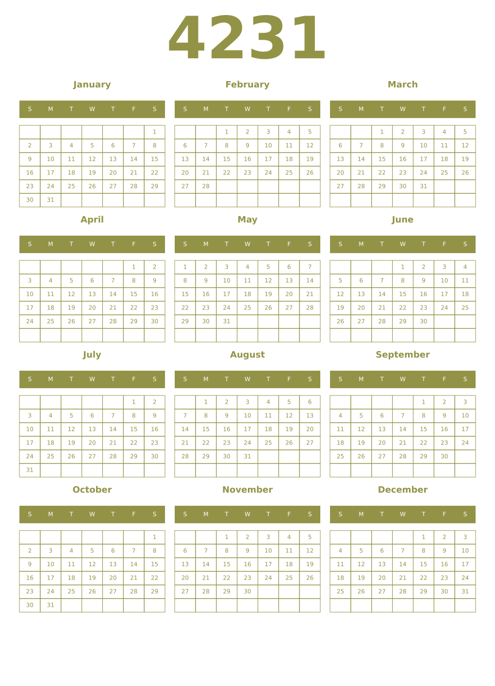 Printable 4231 Year Calendars eburnean