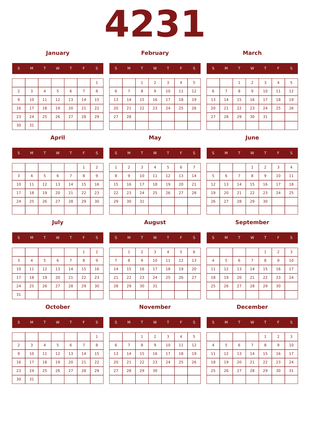 Printable 4231 Year Calendars falu