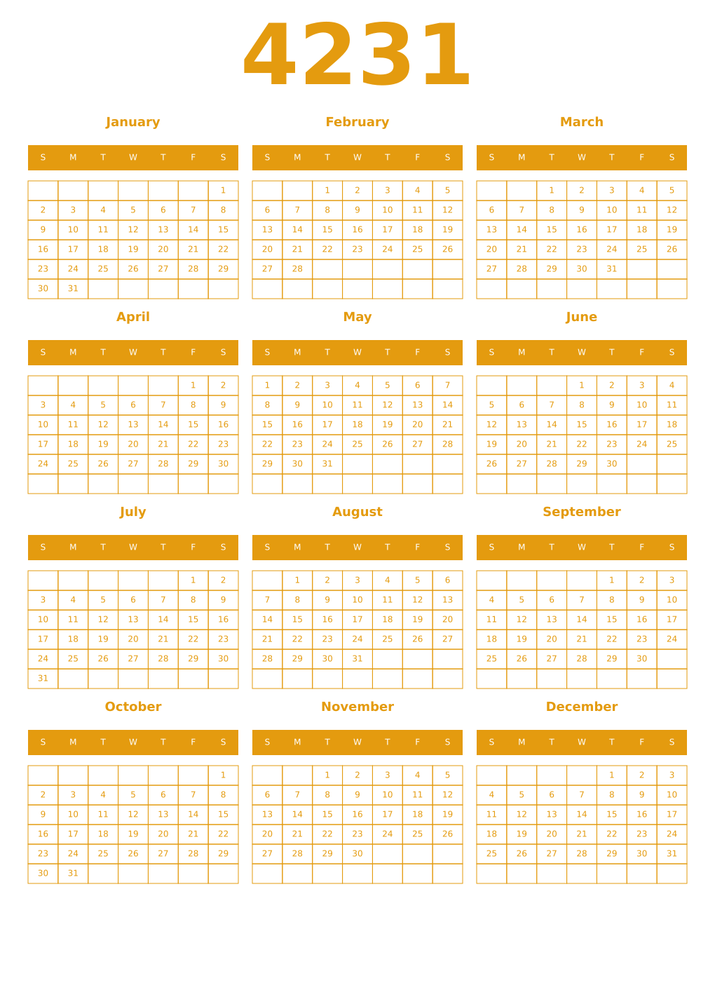 Printable 4231 Year Calendars gamboge
