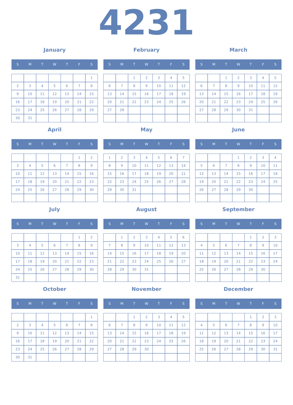 Printable 4231 Year Calendars glaucous