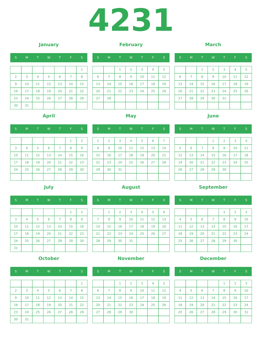 Printable 4231 Year Calendars green