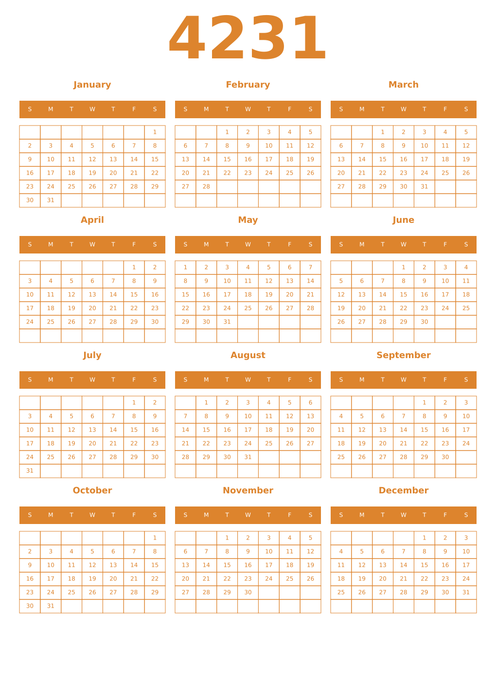 Printable 4231 Year Calendars orange