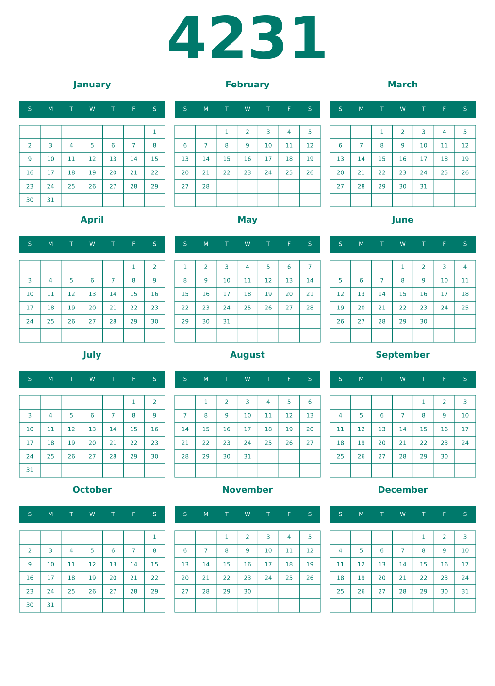 Printable 4231 Year Calendars pastel
