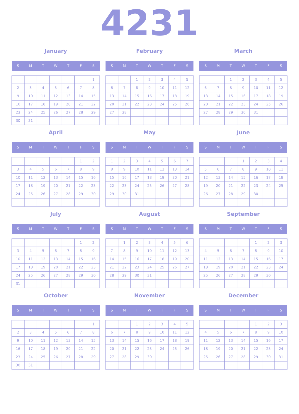 Printable 4231 Year Calendars periwinkle