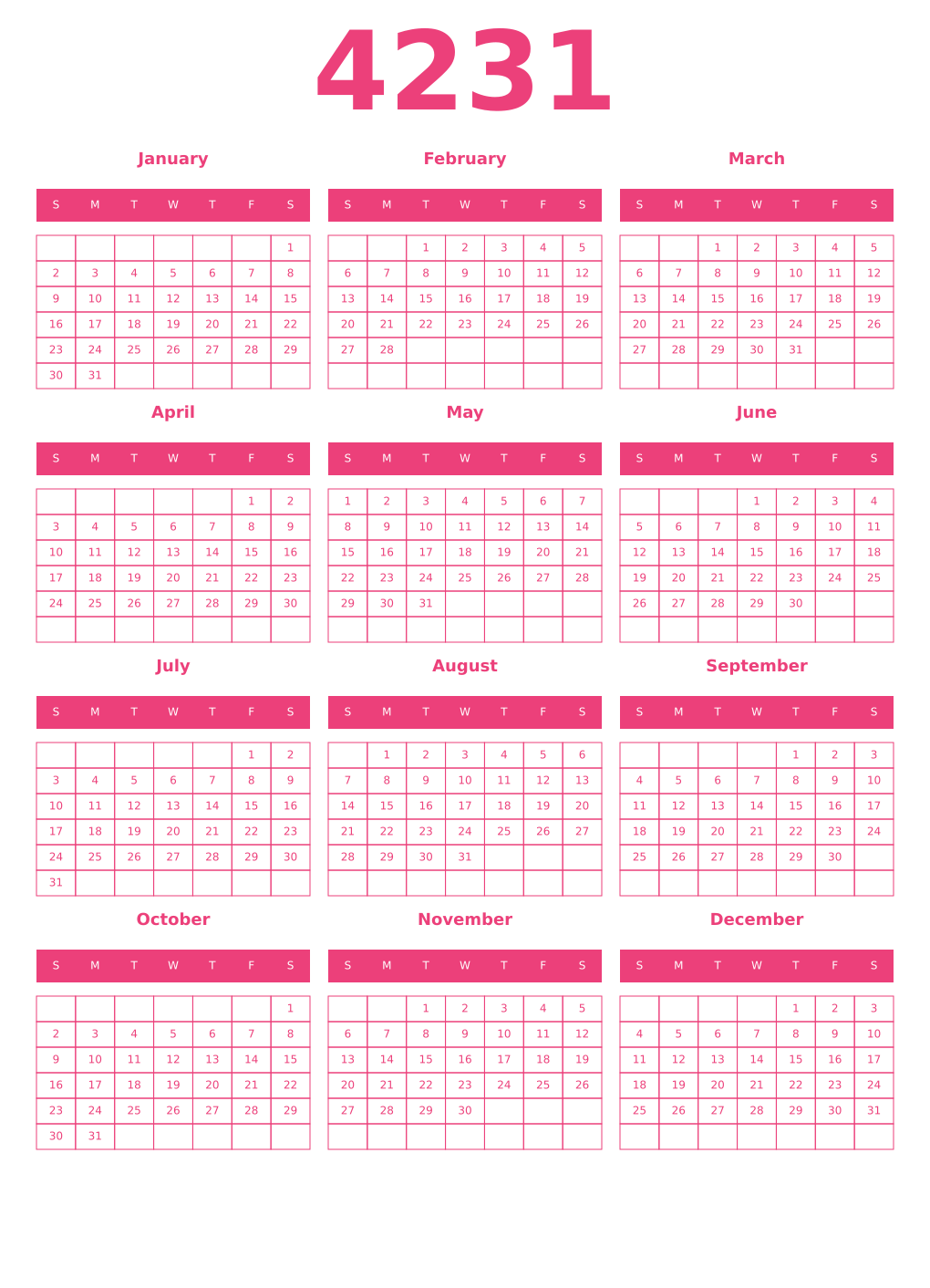 Printable 4231 Year Calendars pink