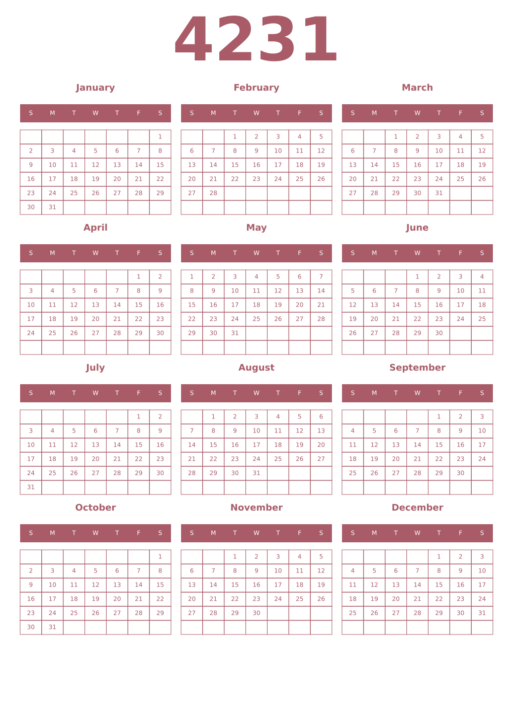 Printable 4231 Year Calendars puce