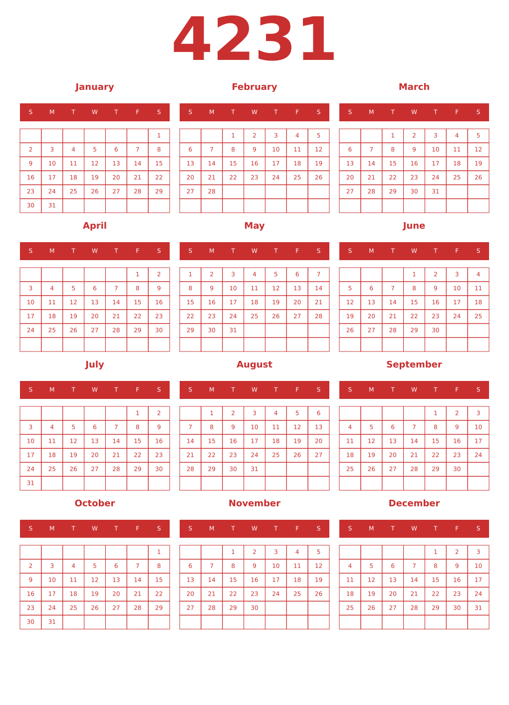 Printable 4231 Year Calendars red