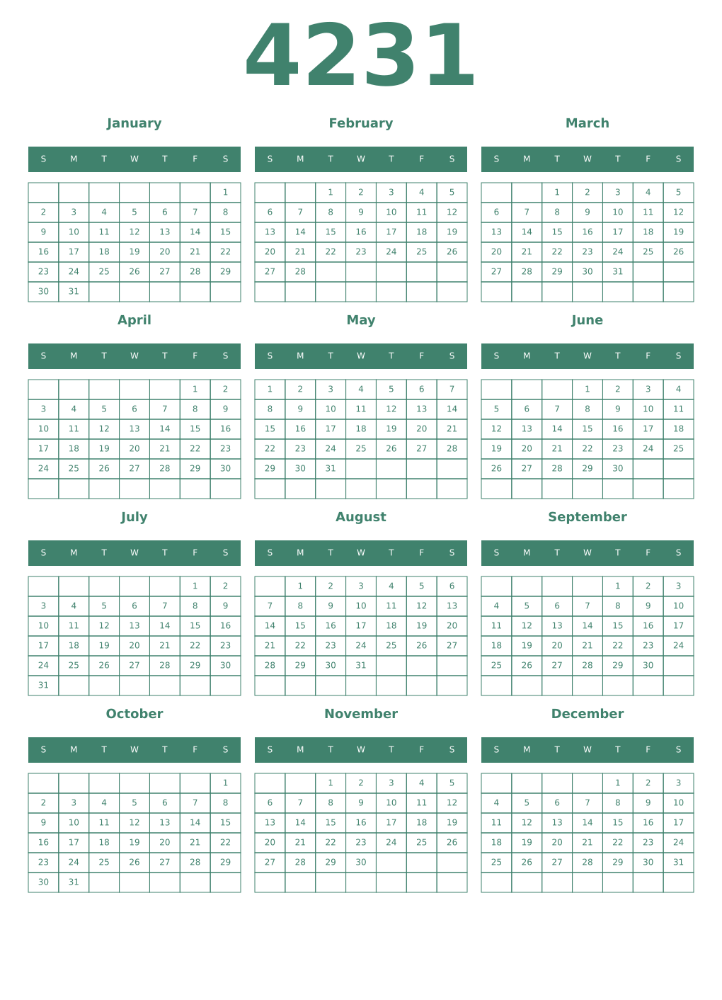 Printable 4231 Year Calendars viridian