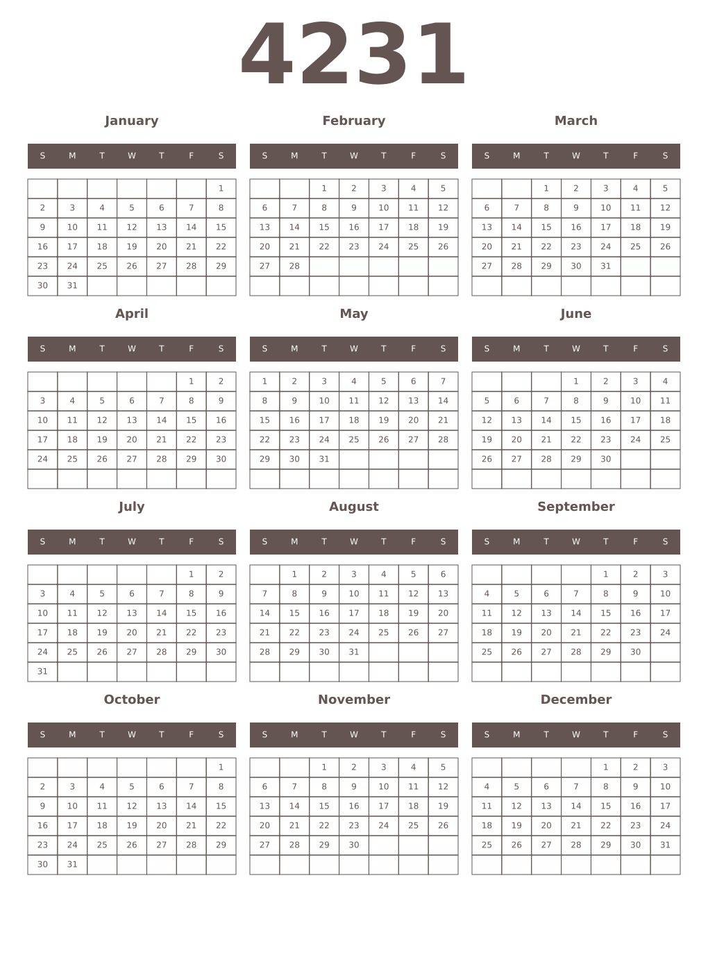 Printable 4231 Year Calendars wenge