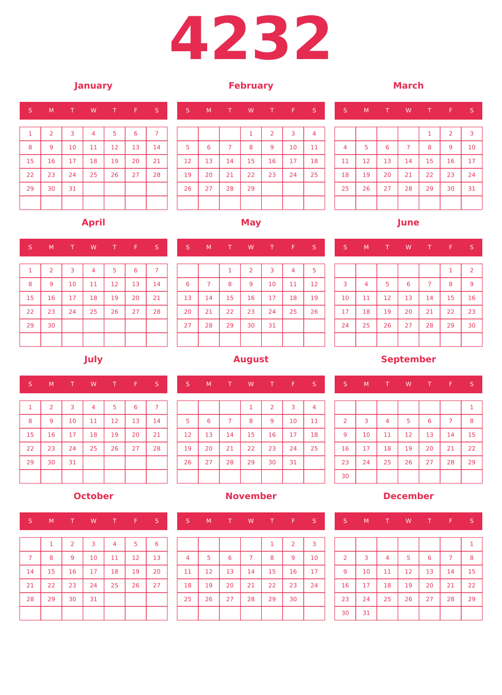 Printable 4232 Year Calendars amaranth