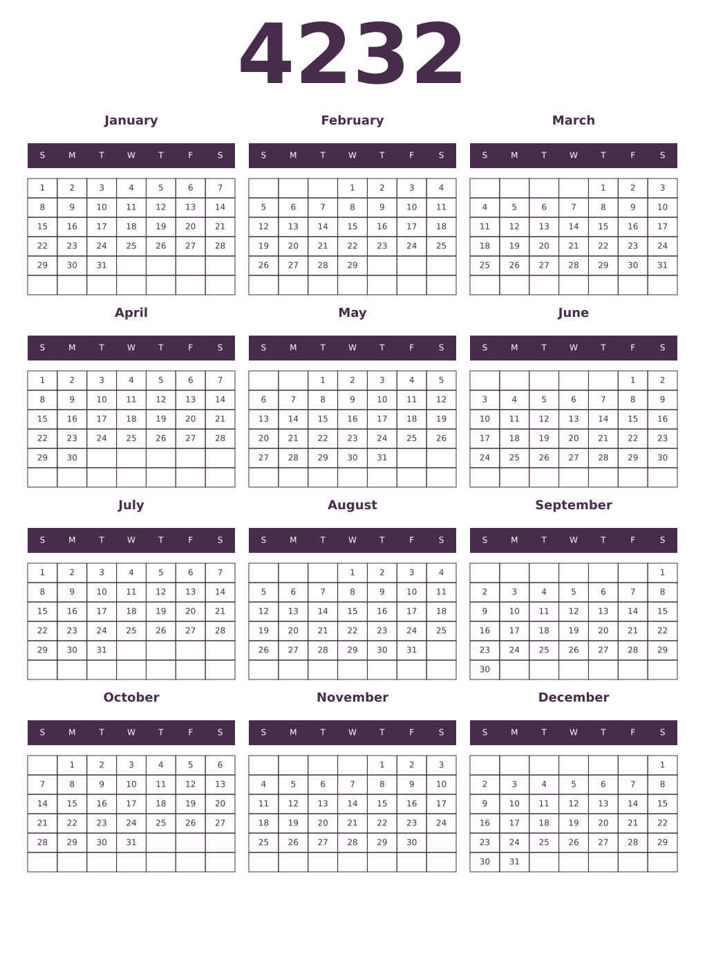Printable 4232 Year Calendars aubergine
