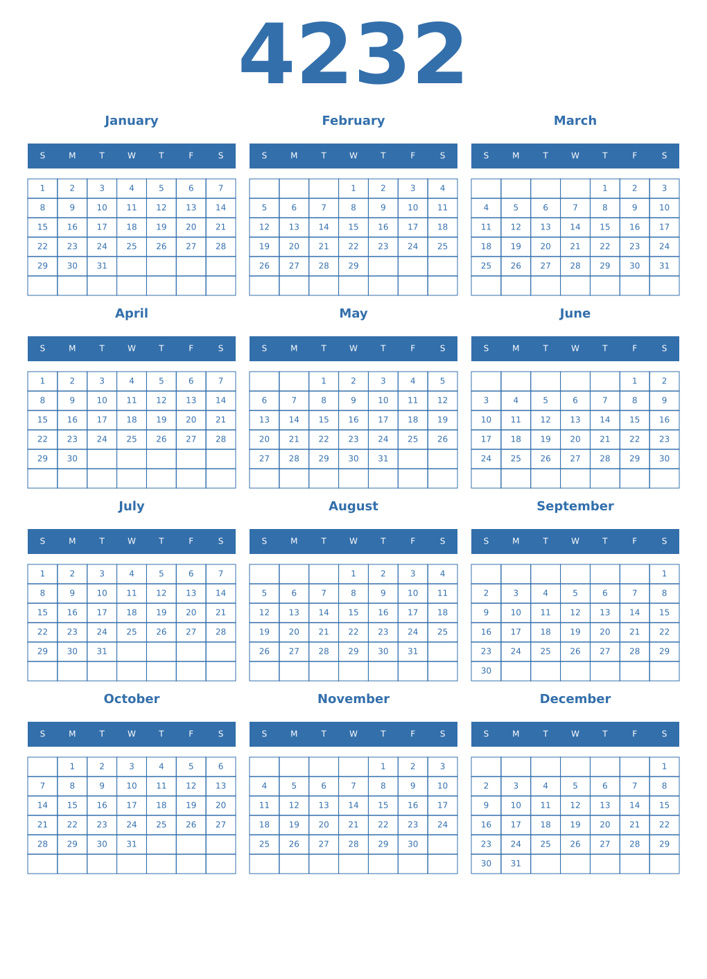 Printable 4232 Year Calendars blue