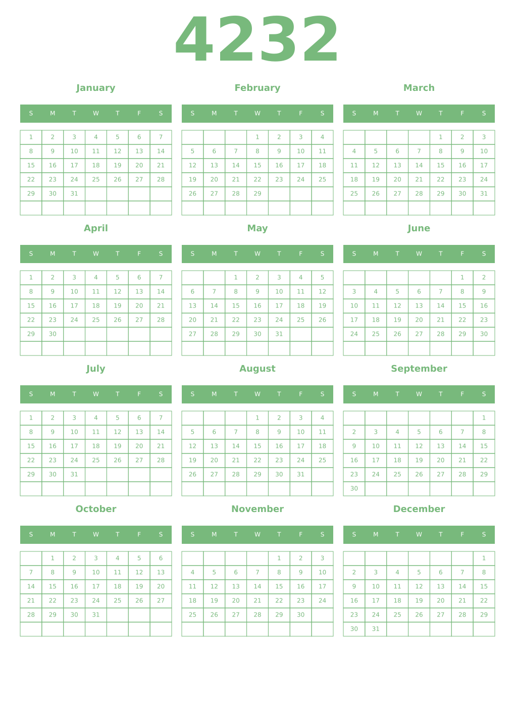 Printable 4232 Year Calendars celadon