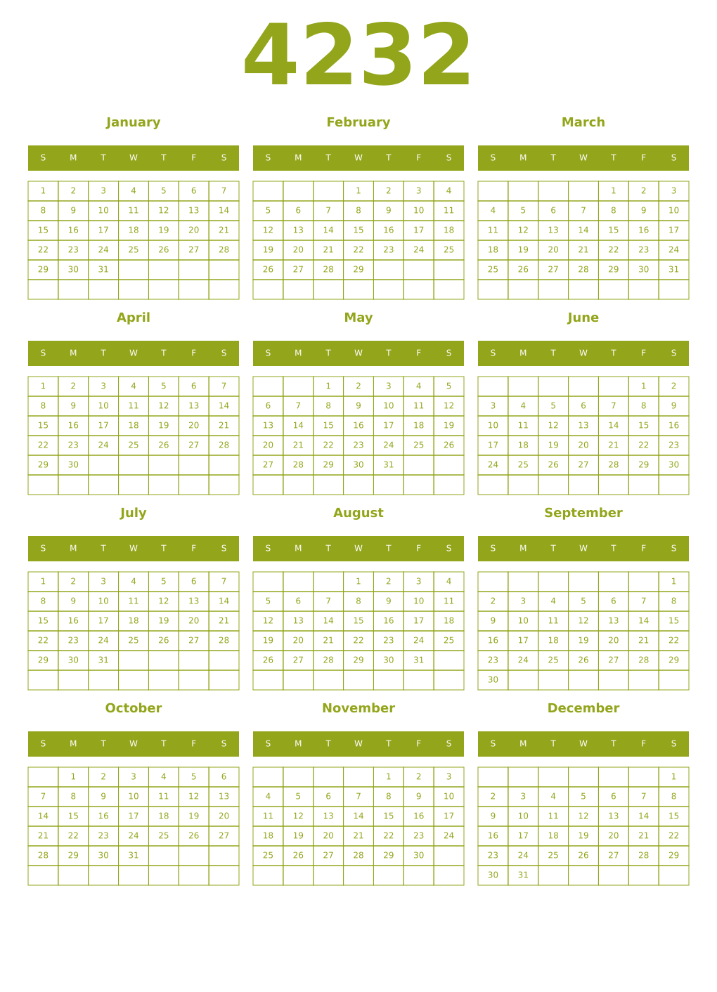 Printable 4232 Year Calendars chartreuse