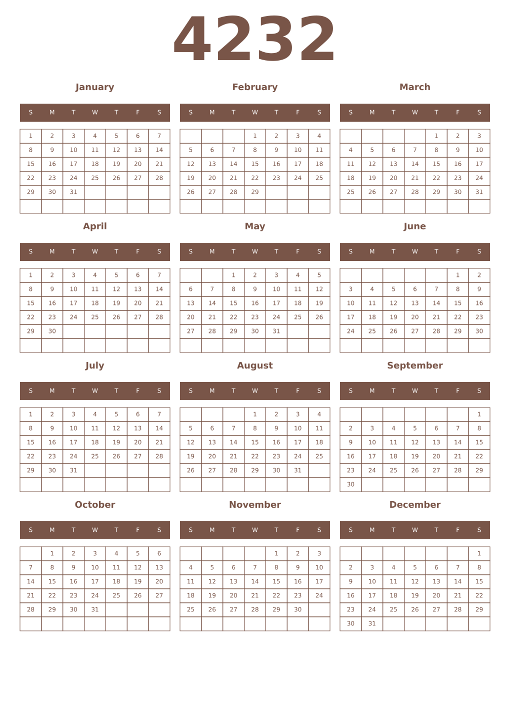 Printable 4232 Year Calendars coffe