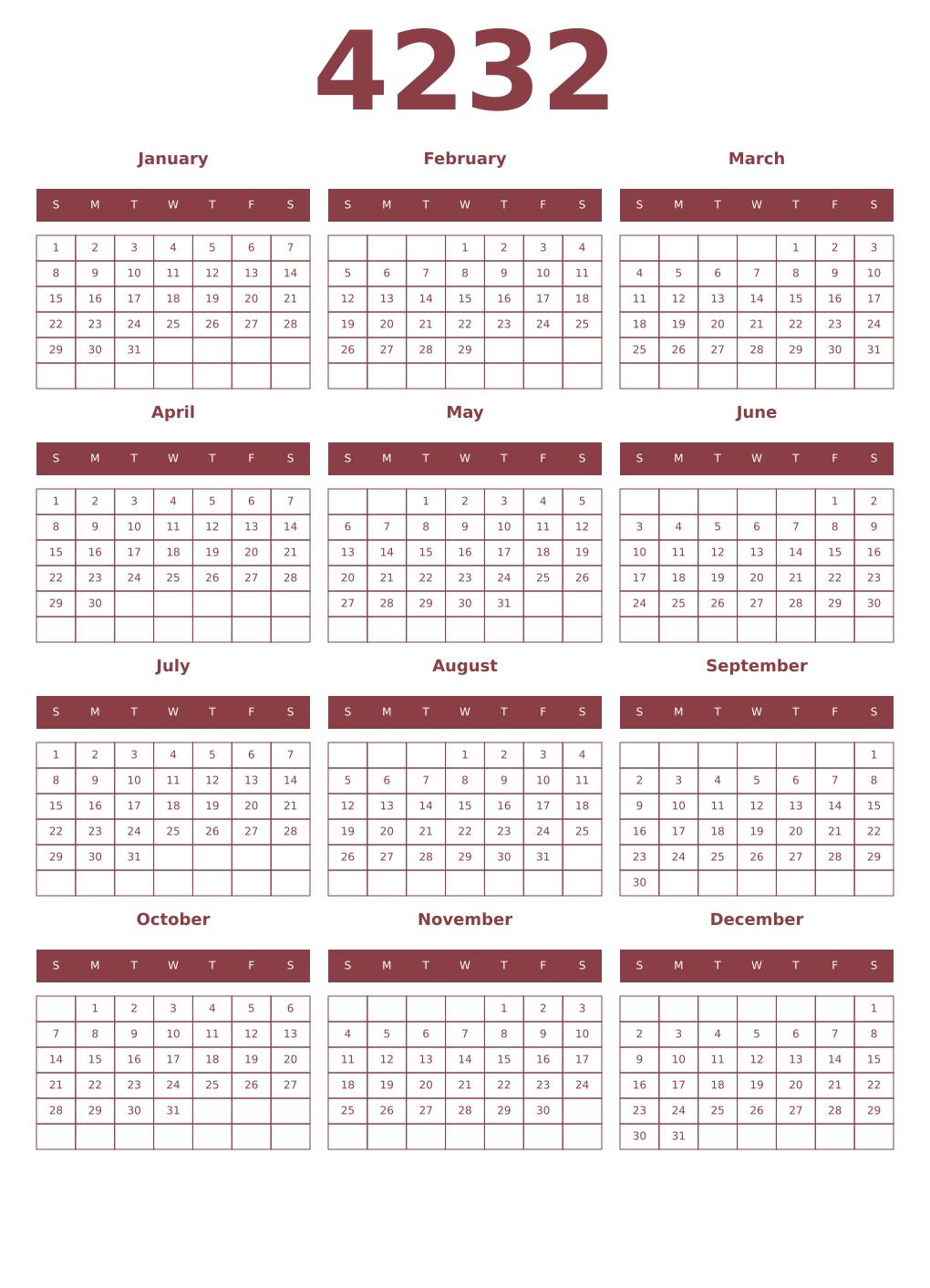 Printable 4232 Year Calendars cordovan