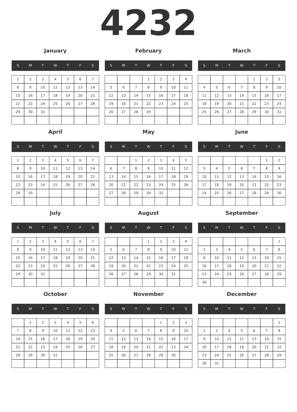 Printable 4232 Year Calendars dark
