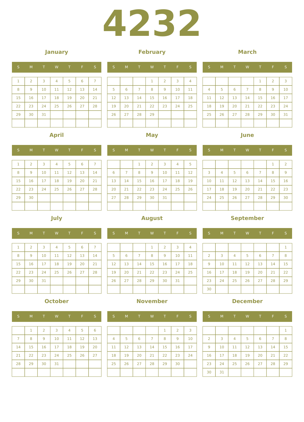 Printable 4232 Year Calendars eburnean