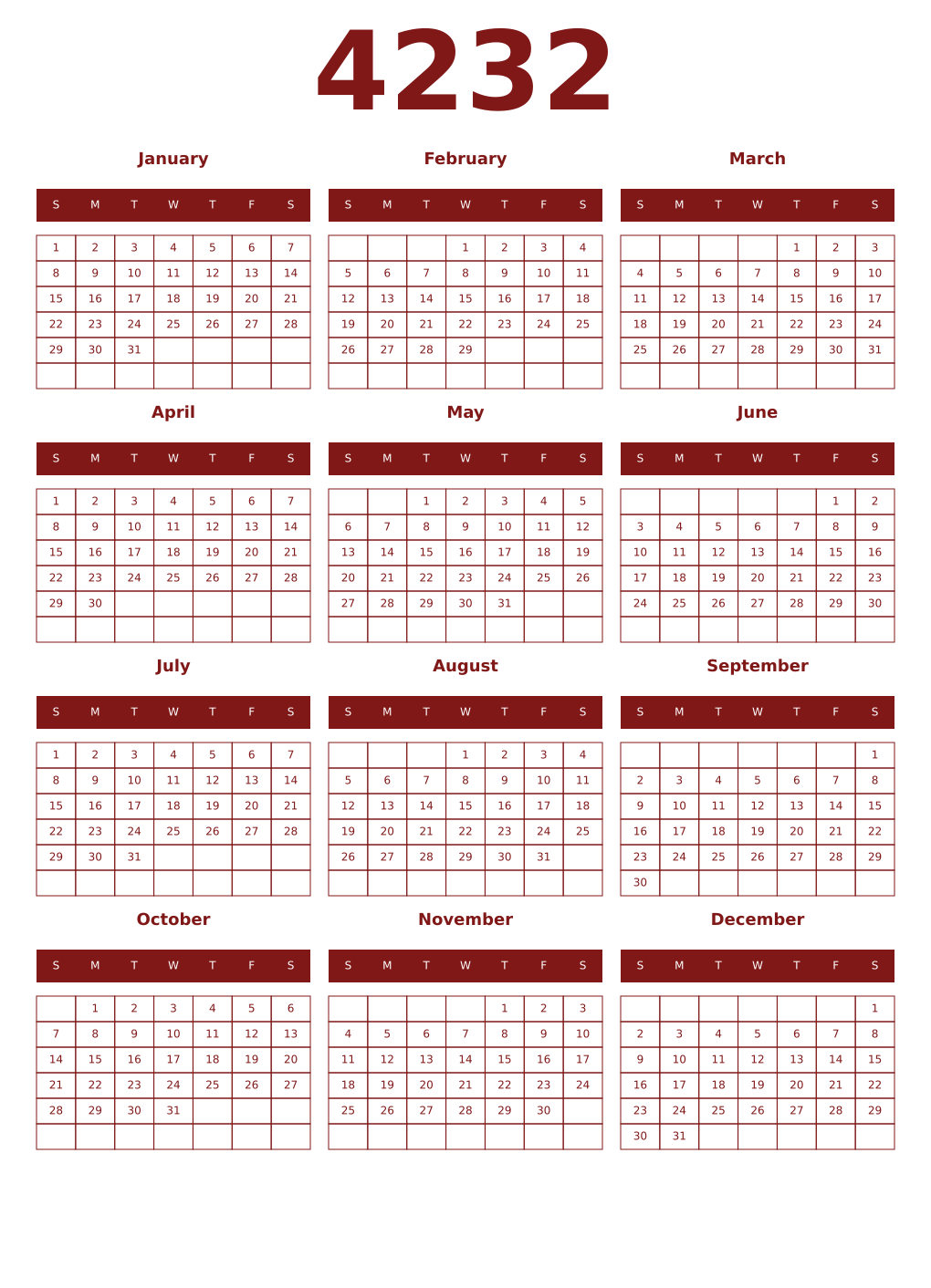 Printable 4232 Year Calendars falu