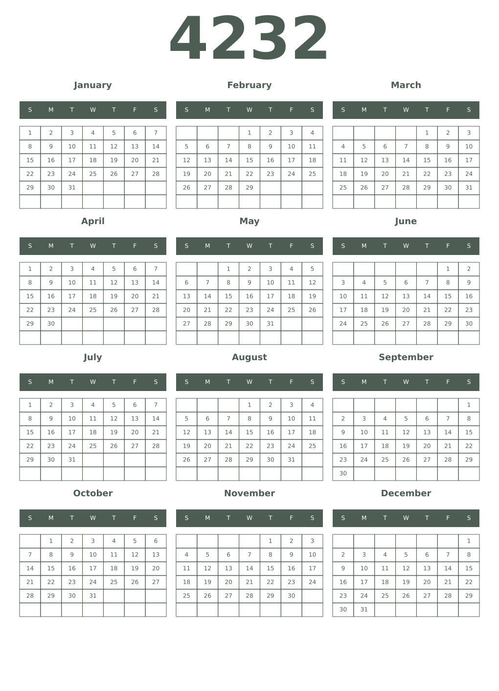 Printable 4232 Year Calendars feldgrau