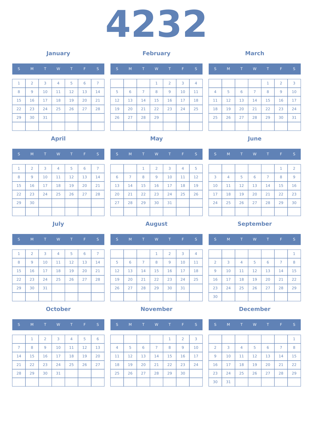 Printable 4232 Year Calendars glaucous