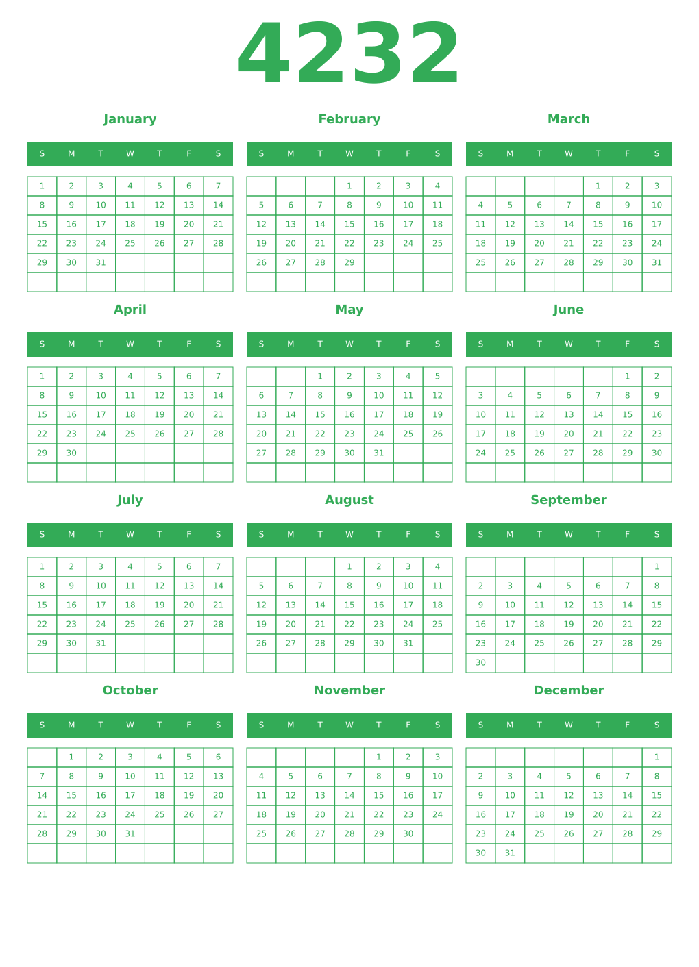 Printable 4232 Year Calendars green