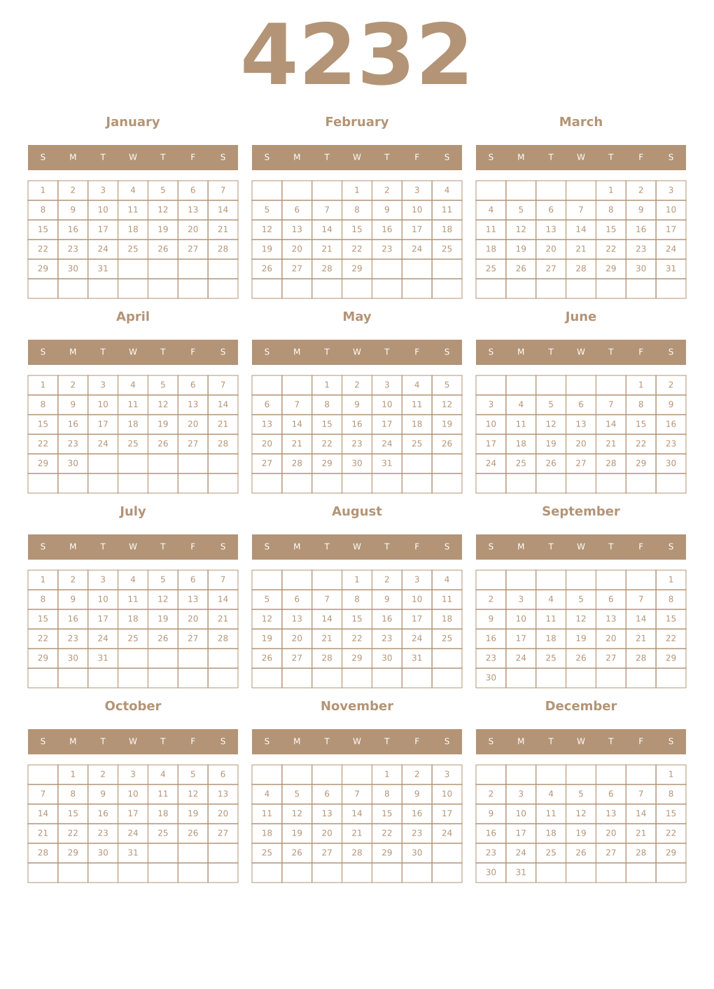 Printable 4232 Year Calendars isabelline