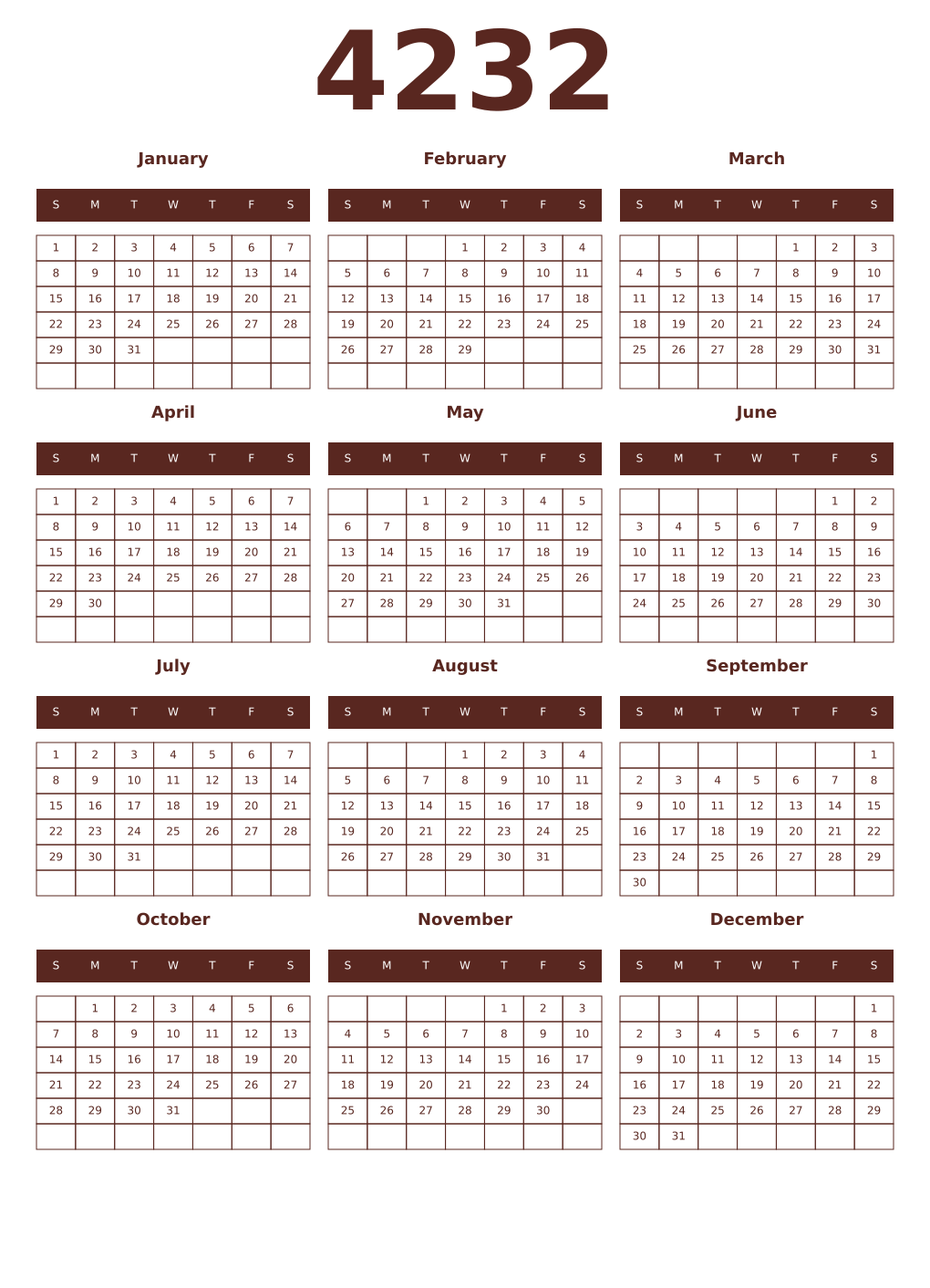 Printable 4232 Year Calendars mortuum