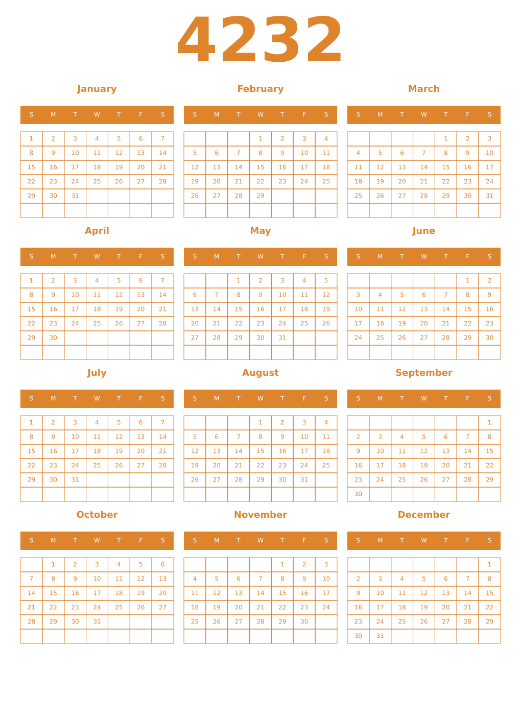 Printable 4232 Year Calendars orange