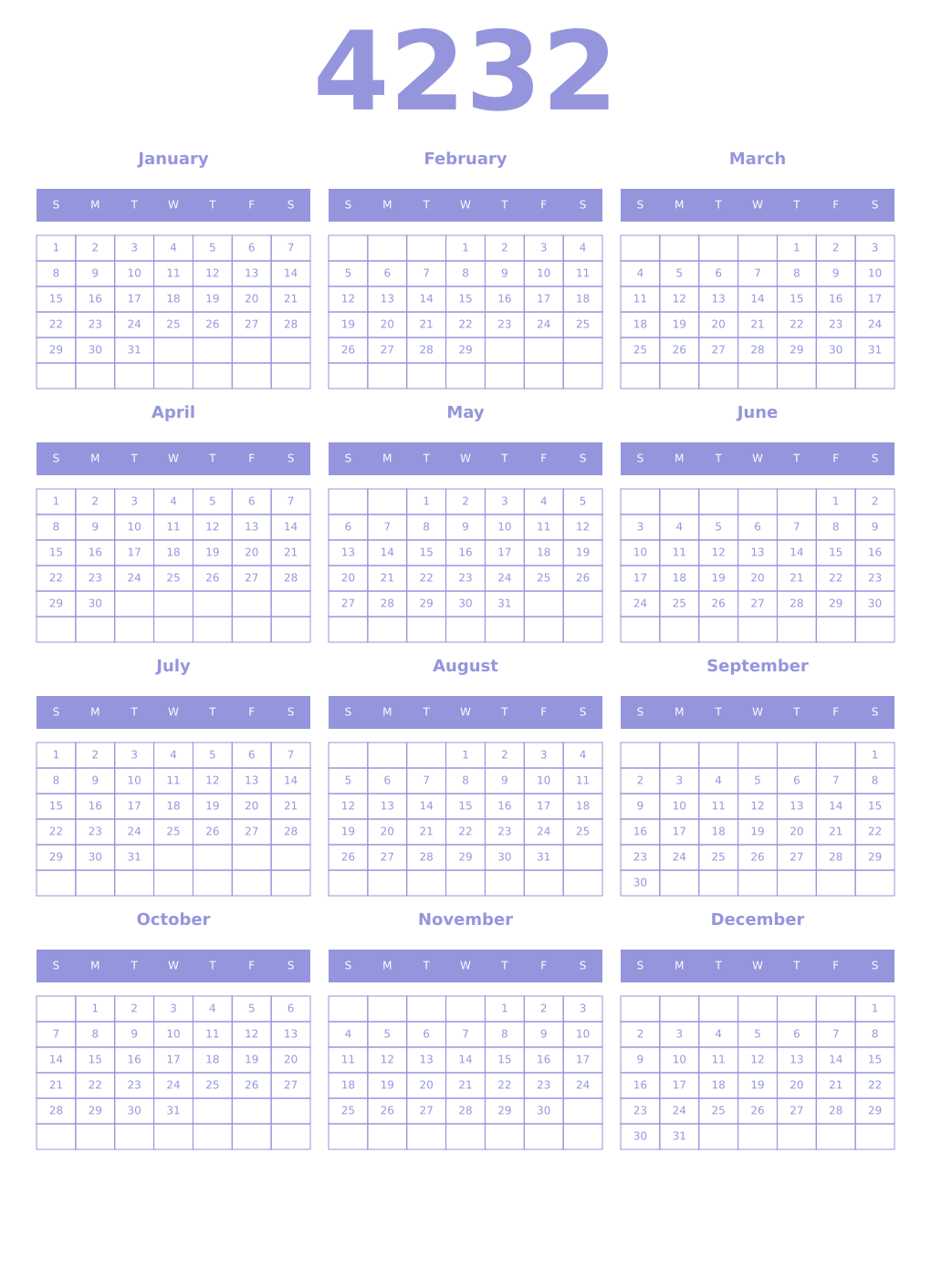 Printable 4232 Year Calendars periwinkle