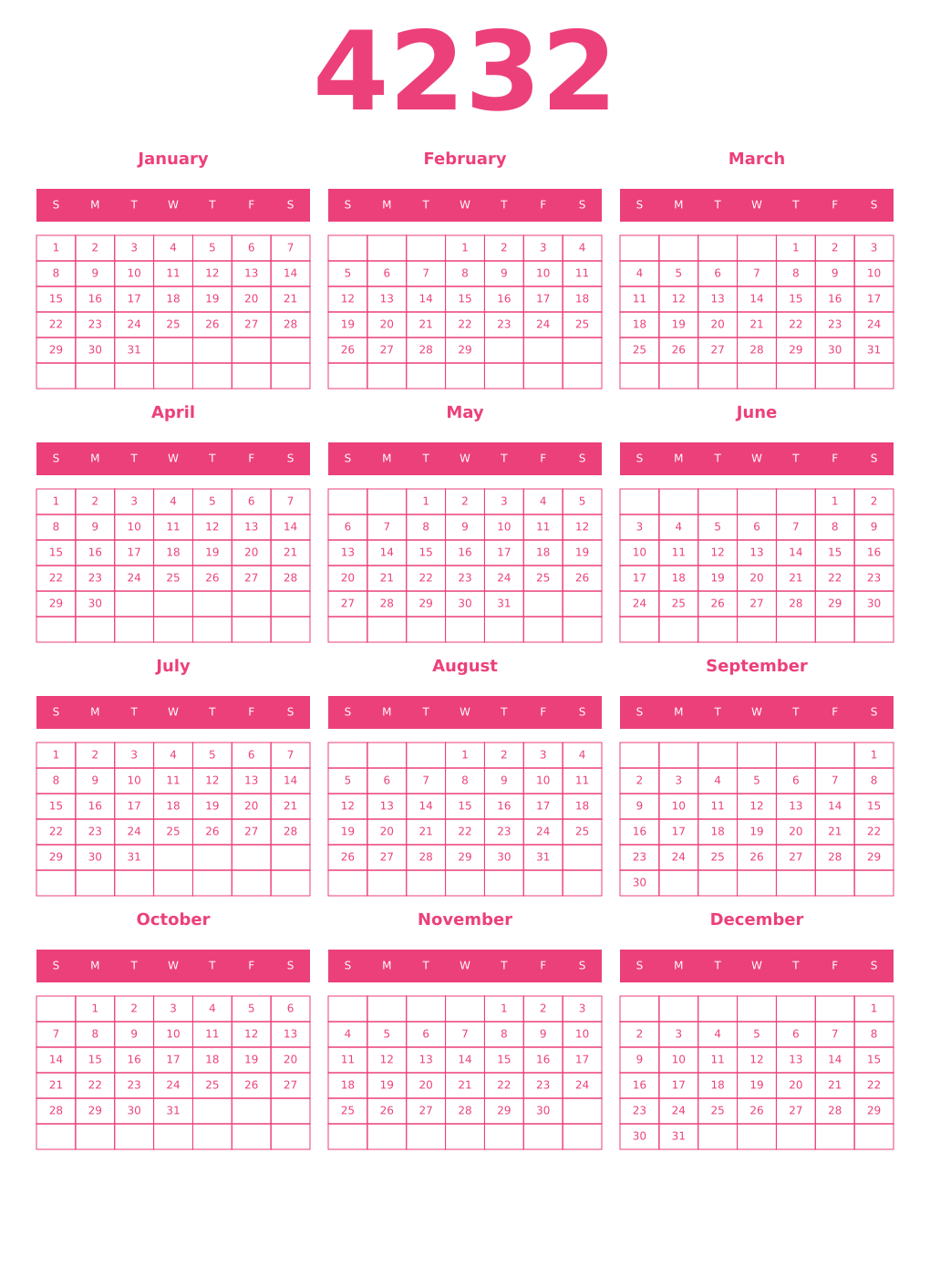 Printable 4232 Year Calendars pink