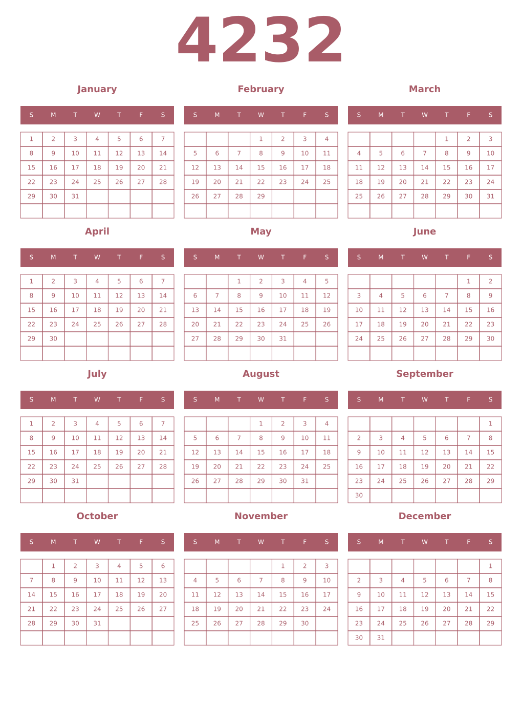 Printable 4232 Year Calendars puce