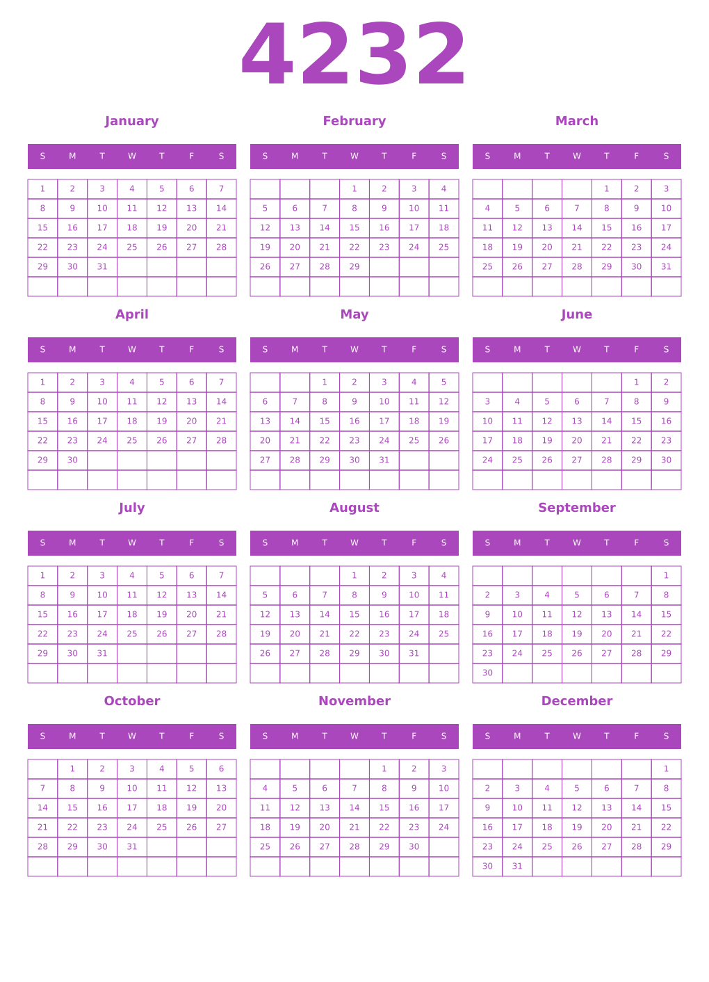 Printable 4232 Year Calendars purple